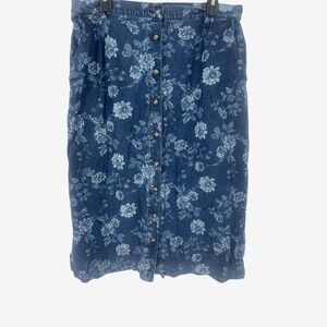 Cabin Creek Denim Floral Midi Skirt Women's Size 18 Button Front A-Line Blue